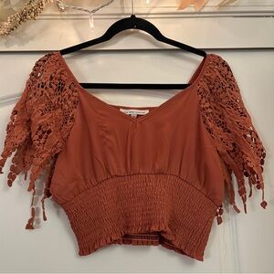Cropped Terracotta Lace Sleeve Blouse